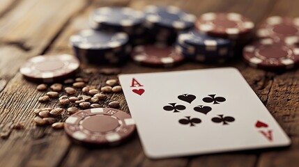 Close-up of playing card and poker chips on wooden table.