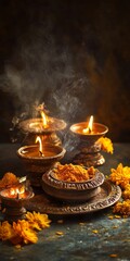 Sticker - A table with three lit candles and a bowl of yellow powder