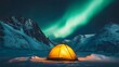 © Berkah - A glowing yellow camping tent under a beautiful green northern lights aurora. Travel adventure landscape background. Photo composite.