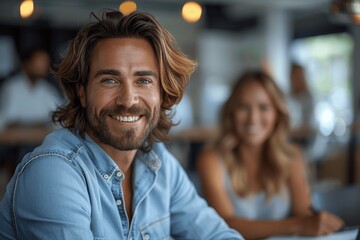 Smiling Male Entrepreneur in Boardroom Meeting with Female Business Partner