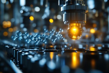 Fototapete - A glowing light bulb is suspended over a molecular structure, representing innovation and scientific advancement.