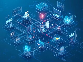 Aufkleber - Abstract futuristic network of data and information with a man in a white coat sitting on a stool, using a digital tablet.