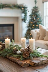 Wall Mural - A beautifully decorated living room for Christmas with candles, pine cones, and evergreen branches on a wooden table, creating a warm and festive atmosphere.