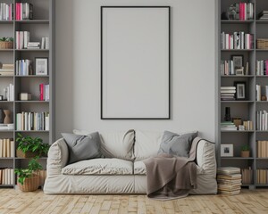 A modern living room with a white sofa. two bookshelves. and a large empty frame on the wall