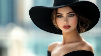 Canvas Print - A beautiful young woman with green eyes and a wide-brimmed black hat.