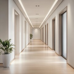 Wall Mural - a long hallway with a white wall and wooden doors. a potted plant is placed in the middle of the hal