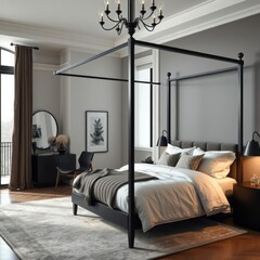 Modern bedroom interior with black metal canopy bed and minimalist decor luxurious and stylish bedroom design master bedroom 