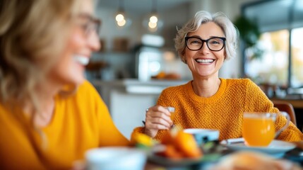 Two women in yellow sweaters joyfully converse over coffee at a lively breakfast setting, encapsulating friendship and happy moments on a sunny day.