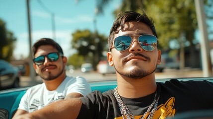 Two men wearing sunglasses are enjoying a leisurely car ride on a sunny day, capturing a moment of relaxation, adventure, and friendship under blue skies.