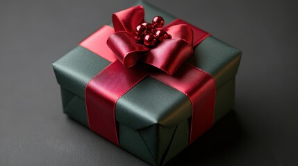 A 3D Christmas gift box wrapped in metallic green paper with a red satin ribbon and bow.