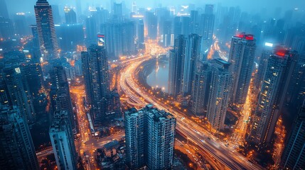 Aufkleber - Aerial view of a modern city at night with a highway and buildings illuminated.