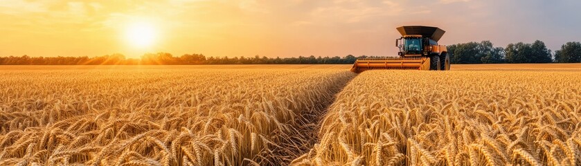 Golden wheat field at sunset with a harvester working, showcasing the beauty of agricultural landscapes and farming practices.