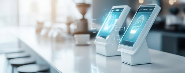 Modern payment devices on a countertop, showcasing digital transactions and technology in a retail environment.