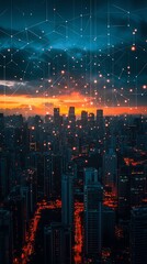 Aufkleber - A cityscape at sunset with a network of glowing lines connecting the buildings.