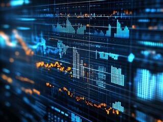 Fototapete - Abstract futuristic data visualization with graphs, charts and digital code in blue and orange on dark background.