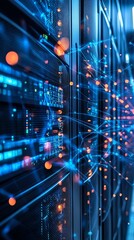 Poster - Server racks in a data center with glowing lines representing network connections.