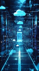 Poster - A futuristic server room hallway with glowing blue clouds representing the cloud computing network, a conceptual representation of data storage and processing.