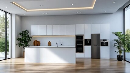 Wall Mural - Front view on bright kitchen interior with empty white wall Video