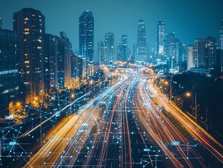 Aufkleber - A bustling cityscape at night with glowing city lights and a digital network overlay.