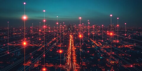 Poster - City skyline at night with red lights and glowing lines connecting them, representing network connections.