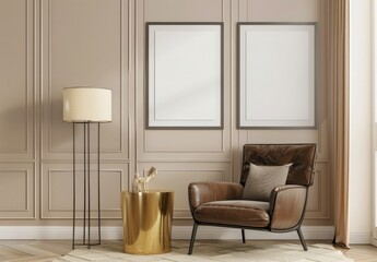 A cozy living room corner with a brown leather armchair. a side table with a golden base. a floor lamp. two empty frames. a rug and beige wall panels