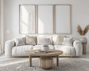 A white sofa with beige pillows sits in a living room with a wooden coffee table and a white rug There are three framed pictures on the wall. and a vase with dried flowers on a side table