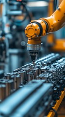Fototapete - A robotic arm with a drill bit working on an assembly line in a factory.