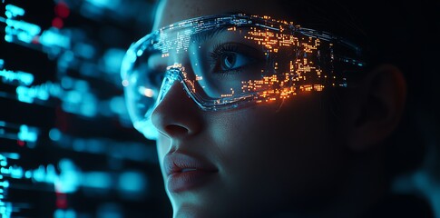 Fototapete - Close-up portrait of a woman wearing futuristic glasses, looking intently at a digital display with glowing blue and orange lights.