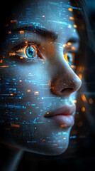 Aufkleber - A woman's face is superimposed with digital data, glowing orange and blue.