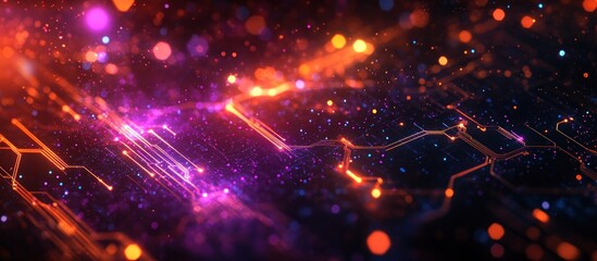 Abstract futuristic background with glowing lines and particles.
