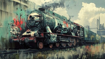 Rusty Steam Locomotive in an Industrial Landscape