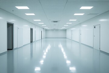 Poster - A large, empty room with white walls and a shiny, clean floor. The room is lit by overhead lights, giving it a bright and sterile atmosphere