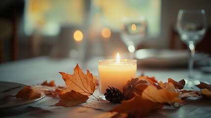 Wall Mural - A candle is lit on a table with autumn leaves and a wine glass