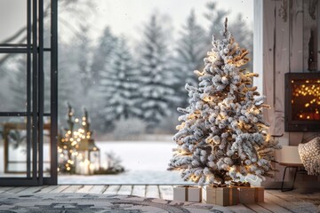 Wall Mural - A white Christmas tree is lit up in a cozy living room with a fireplace. The room is decorated with Christmas lights and presents. Scene is warm and festive