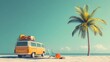 © Berkah - Summer vacation concept, Travel to the beach by van carrying travel accessories under palm tree with beach chair, 3d illustration.