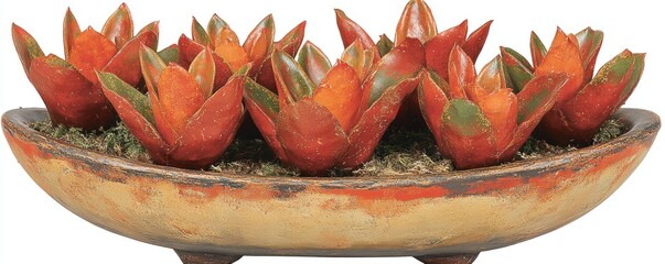 Poster - A decorative arrangement of artificial lotus flowers in a shallow bowl.