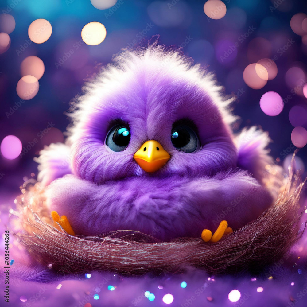 pollito pequeño de color morado con ojos grandes y tiernos en su nido ...