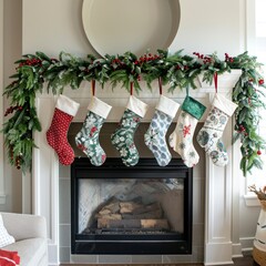 Wall Mural - Holiday mantel decorated with stockings and a festive garland.