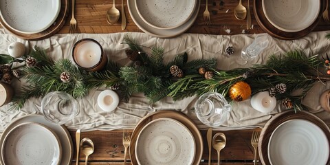 Wall Mural - Minimalist holiday table setting with natural accents.