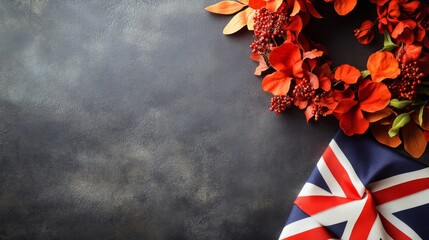 Wall Mural - Poster with a folded flag and a remembrance wreath arranged in a clean, modern layout.