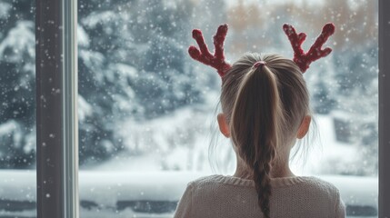 beautiful girl from behind watching the snow through a window