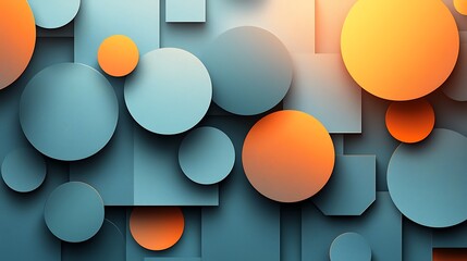 Abstract geometric pattern with blue and orange circles and squares on a grey background.