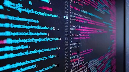 Close-up of colorful computer code on a black screen.