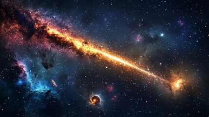 Canvas Print - Shooting star with a bright trail passing through the Milky Way, with distant galaxies and colorful stardust generative ai