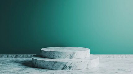 A minimalist display featuring two stacked circular marble platforms against a soft, green backdrop, ideal for product showcasing or artistic presentations.