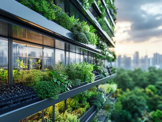 Modern building with a green wall, windows, and cityscape in the background.