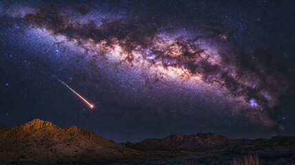 Canvas Print - Shooting star with a bright trail passing through the Milky Way, with distant galaxies and colorful stardust generative ai