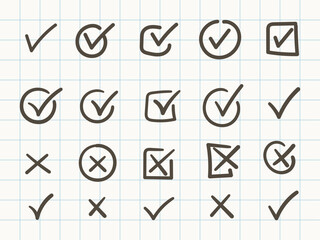 Hand drawn check mark icon. Check box icon with right and wrong buttons