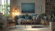© Agus - A beige living room with dark gray seating, teal blue artwork, and light wooden elements