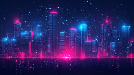 Aufkleber - A futuristic cityscape with neon lights and a digital grid pattern, representing technology and innovation.